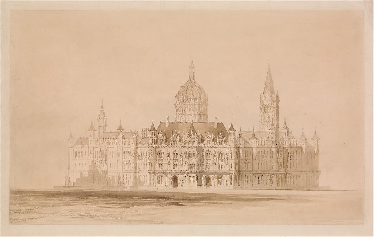Competition Drawing for the Manchester Town Hall, Thomas Allom (British, London 1804–1872 Barnes), Pen and brown ink, brush and brown wash 