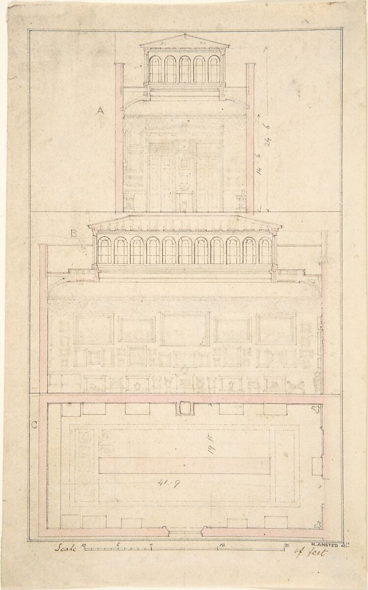 Mansion of Thomas Hope, Flemish Picture Gallery, H. Ansted (British, active 1824–26), Graphite, pen and ink and watercolor 