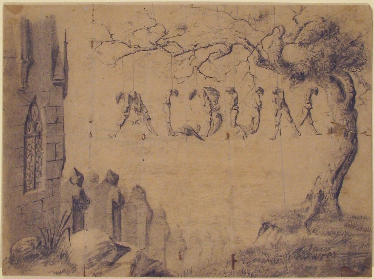 Album Title Page: Hanging Scene, Anonymous, French, 19th century, Graphite