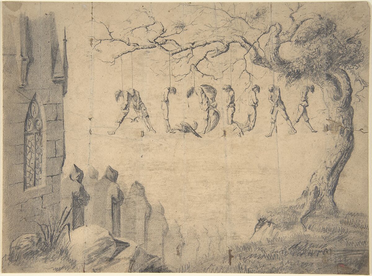 Album Title Page: Hanging Scene, Anonymous, French, 19th century, Graphite 