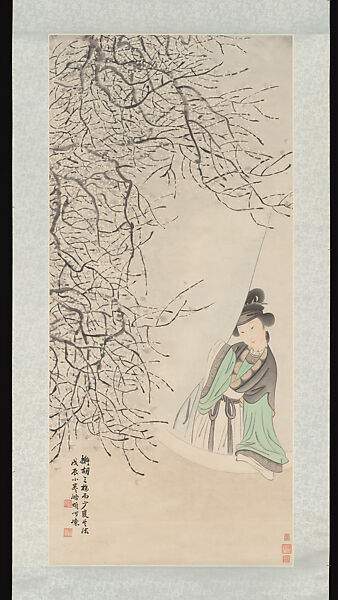 A Beauty at the Window by a Plum Tree, Yu Ming (Chinese, 1884–1935), Hanging scroll; ink and color on paper, China 