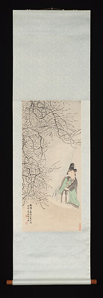 A Beauty at the Window by a Plum Tree, Yu Ming (Chinese, 1884–1935), Hanging scroll; ink and color on paper, China