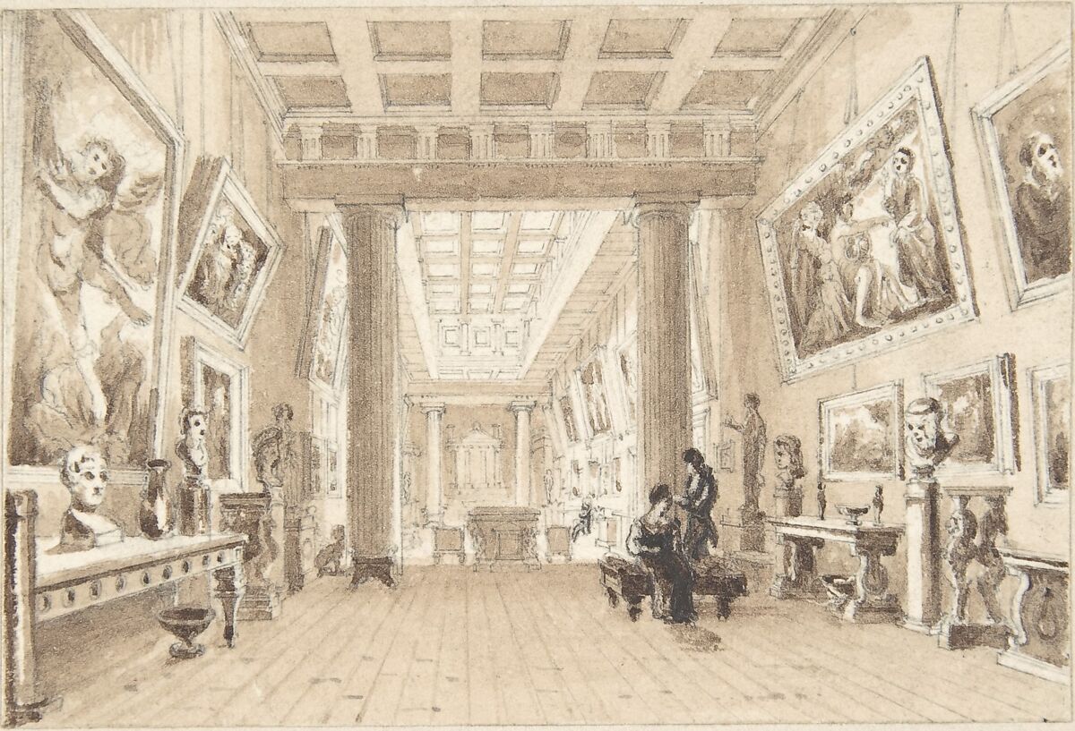 Interior of Thomas Hope's Picture Gallery, Duchess Street, London, William Henry Bartlett (British, London 1809–1854 at sea), Pen and ink, brush and brown wash, over graphite 