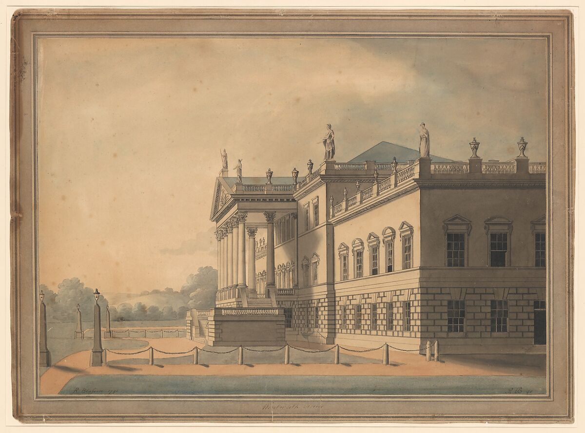 East Front of Wentworth Woodhouse, Yorkshire, R. Blasson (British, active 1790), Watercolor, pen and ink 