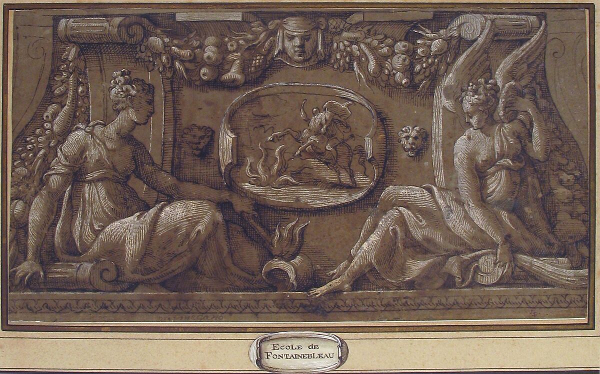Design for a Frieze in Fontainebleau Style, Anonymous, French, 19th century, Pen and brown ink heightened with white