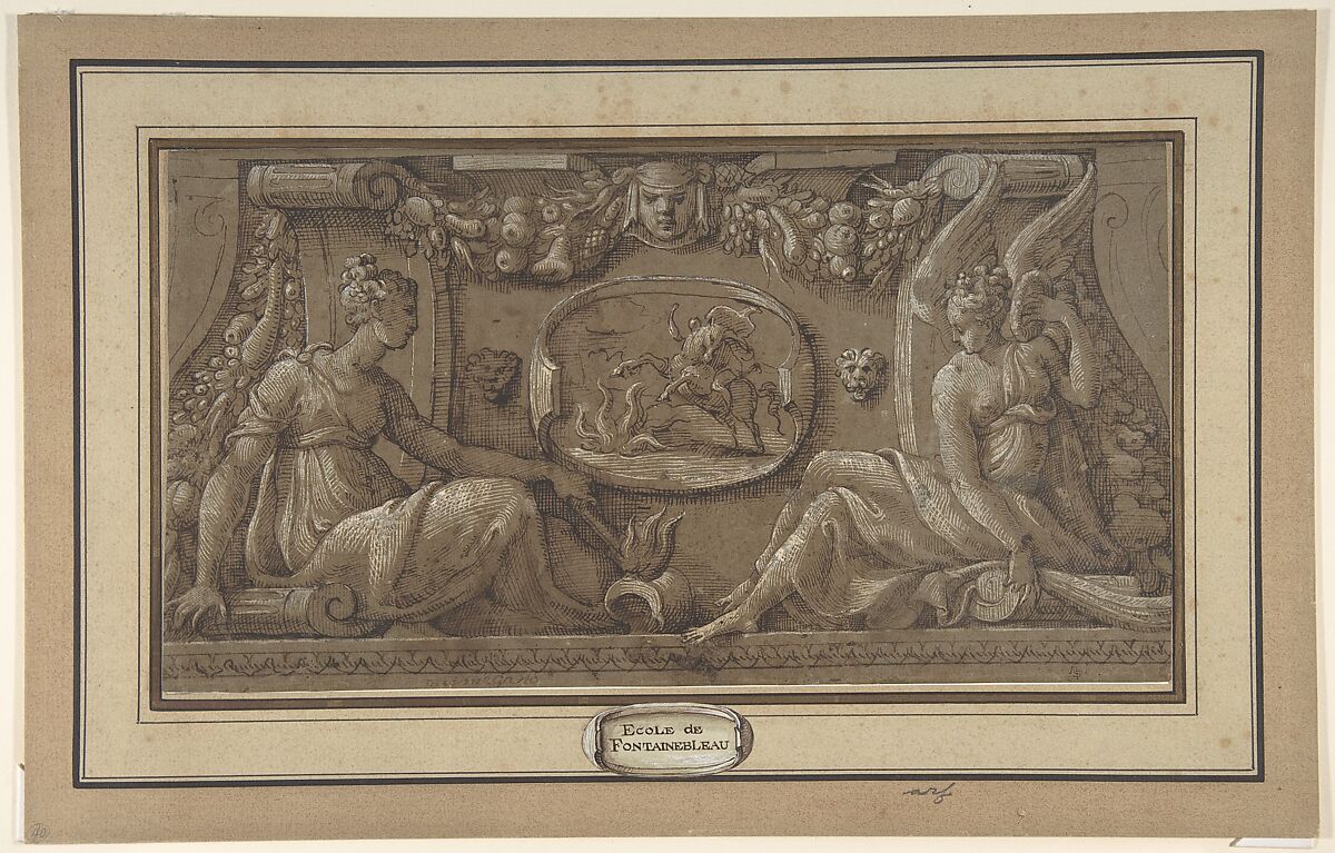 Design for a Frieze in Fontainebleau Style, Anonymous, French, 19th century, Pen and brown ink heightened with white 