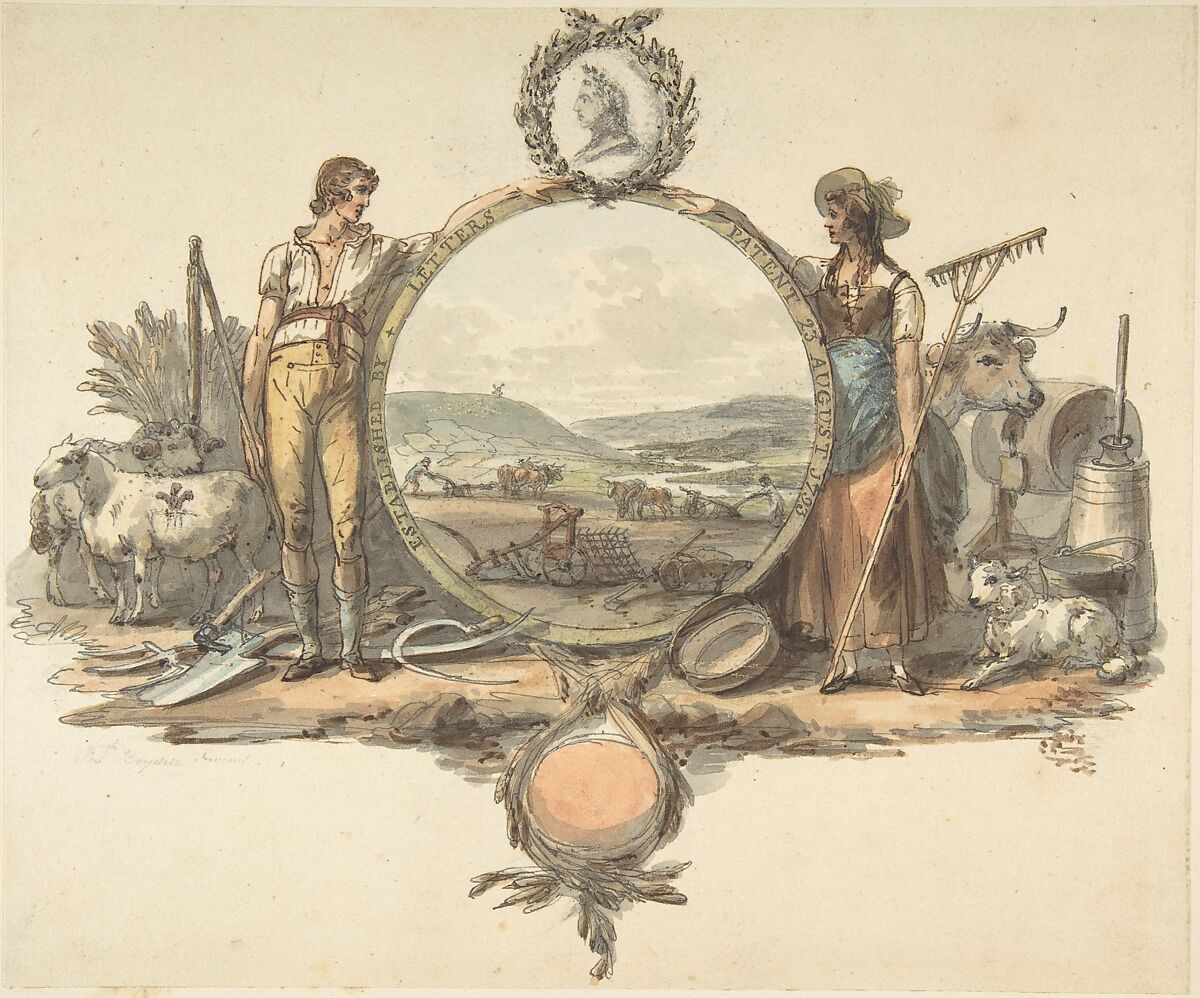 Design for a Frontispiece, Josiah Boydell (British, Hawarden, Flintshire 1752–1817 Middlesex), Watercolor, pen and brown ink, brush and wash, over graphite 