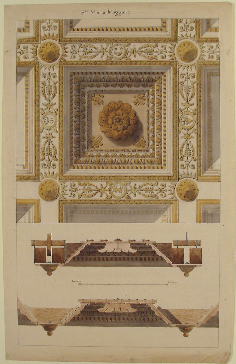 Details of the Coffered and Beamed Ceiling in Santa Maria Maggiore, Rome, Anonymous, French, 19th century, Pen and black ink, brush and brown and gray wash, and watercolor; framing lines in pen and black ink
