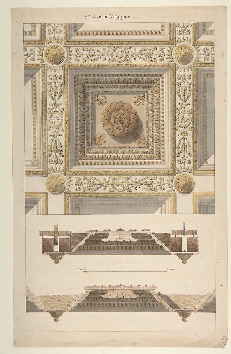 Details of the Coffered and Beamed Ceiling in Santa Maria Maggiore, Rome, Anonymous, French, 19th century, Pen and black ink, brush and brown and gray wash, and watercolor; framing lines in pen and black ink 