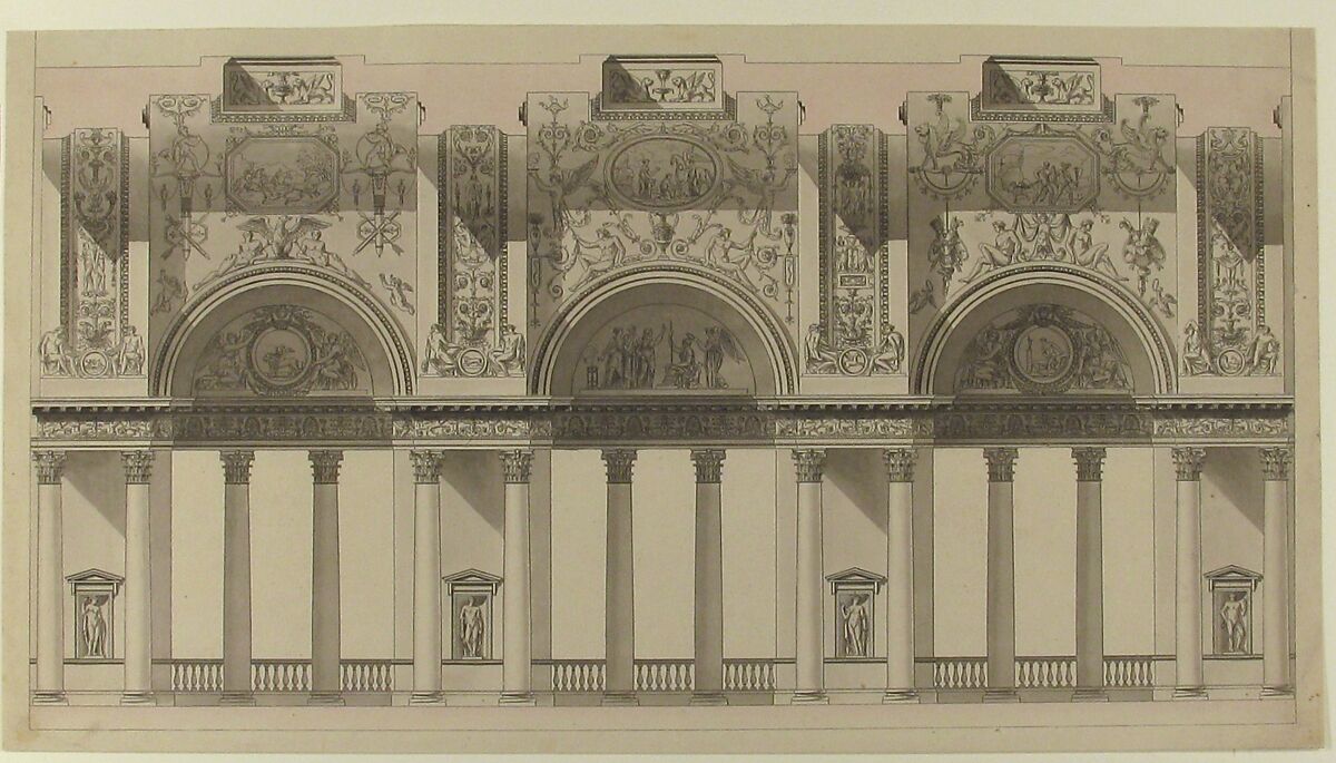 Section of a "Galerie dans le palais d'un souverain", Charles Pierre Joseph Normand (French, Goyencourt 1765–1840 Paris), Pen and black ink, brush and gray and pink wash
