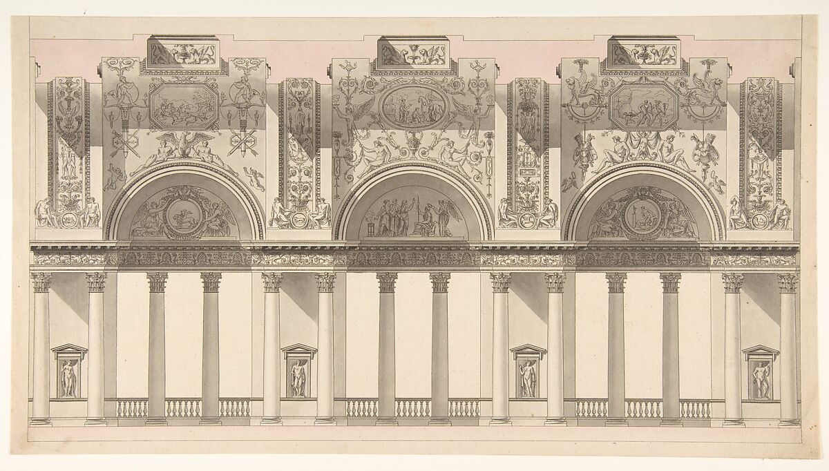 Section of a "Galerie dans le palais d'un souverain", Charles Pierre Joseph Normand (French, Goyencourt 1765–1840 Paris), Pen and black ink, brush and gray and pink wash 