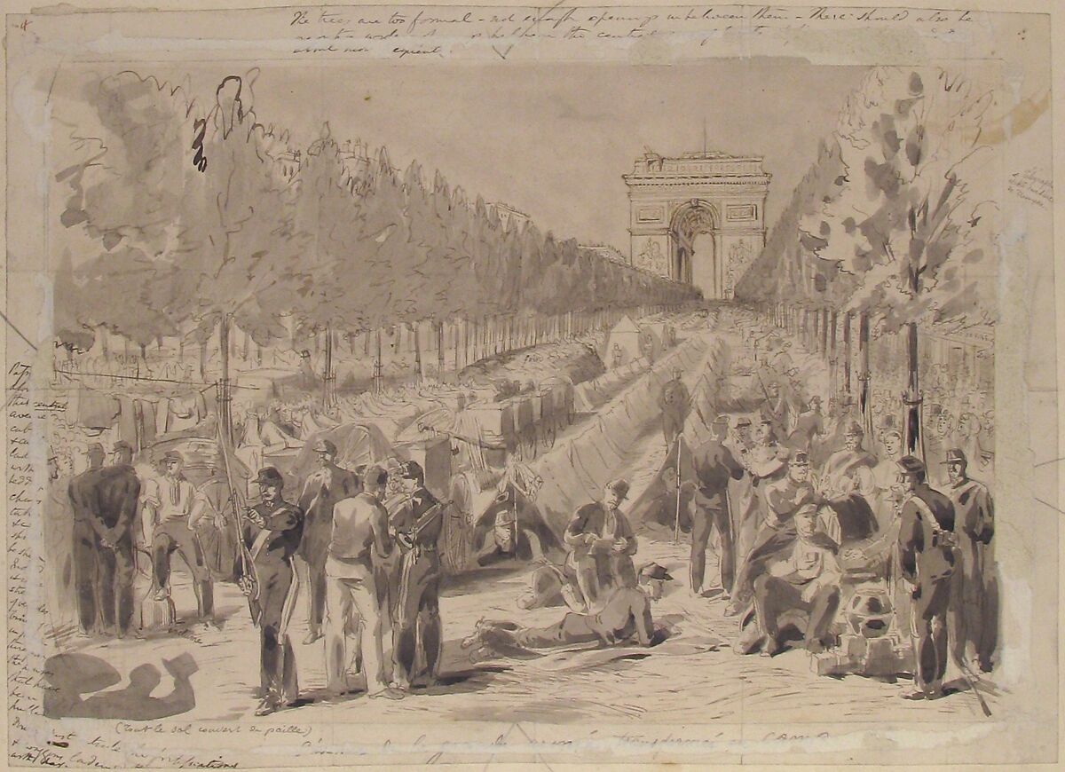 Troops Encamped on the Champs Elysées, 1870, Anonymous, French, 19th century, Pen and gray ink, brush and black and gray wash