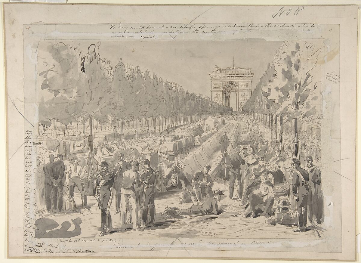 Troops Encamped on the Champs Elysées, 1870, Anonymous, French, 19th century, Pen and gray ink, brush and black and gray wash 