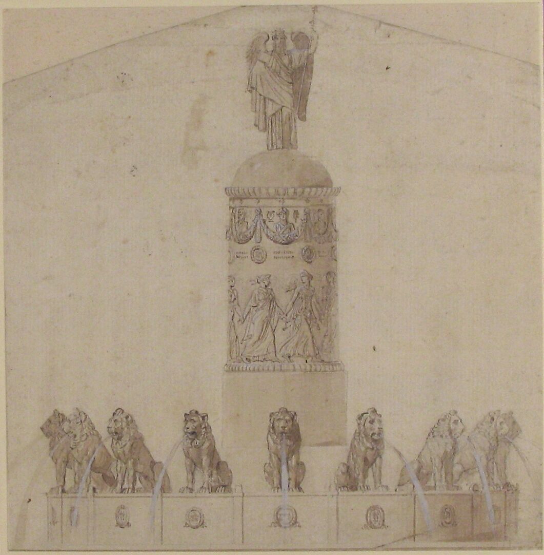 Design for a Fountain, Anonymous, French, 19th century, Graphite, pen and brown ink, brush and brown wash, heightened with white