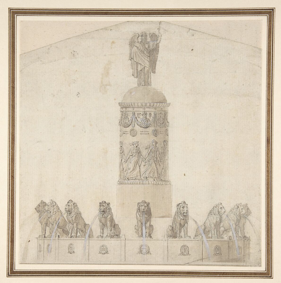 Design for a Fountain, Anonymous, French, 19th century, Graphite, pen and brown ink, brush and brown wash, heightened with white 