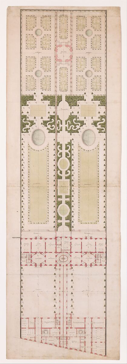 Ground Plan for the Hotel de la Rochefoucauld Doudeauville and its Garden, Paris, Jean Jacques Huvé (French, Magnanville 1742–1808 Paris), Pen and black ink, with colored washes, over graphite underdrawing 