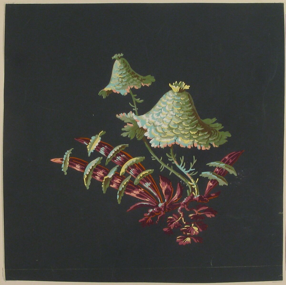 Two Hat-Shaped Chinoiserie Flowers with Fanciful Leaves, Anonymous, French, 19th century, Gouache on olive green prepared paper