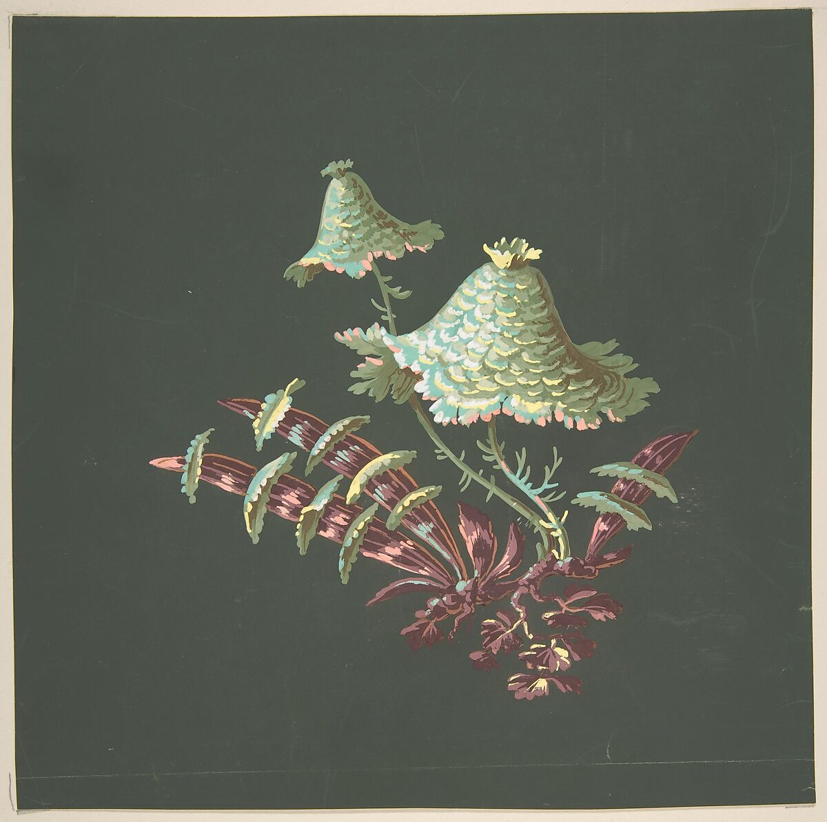 Two Hat-Shaped Chinoiserie Flowers with Fanciful Leaves, Anonymous, French, 19th century, Gouache on olive green prepared paper 