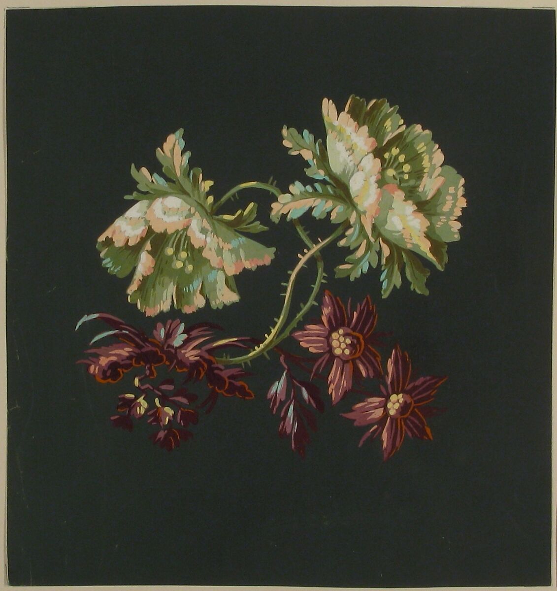 Two Roses and Two Small Flowers, Anonymous, French, 19th century, Gouache on olive green prepared paper