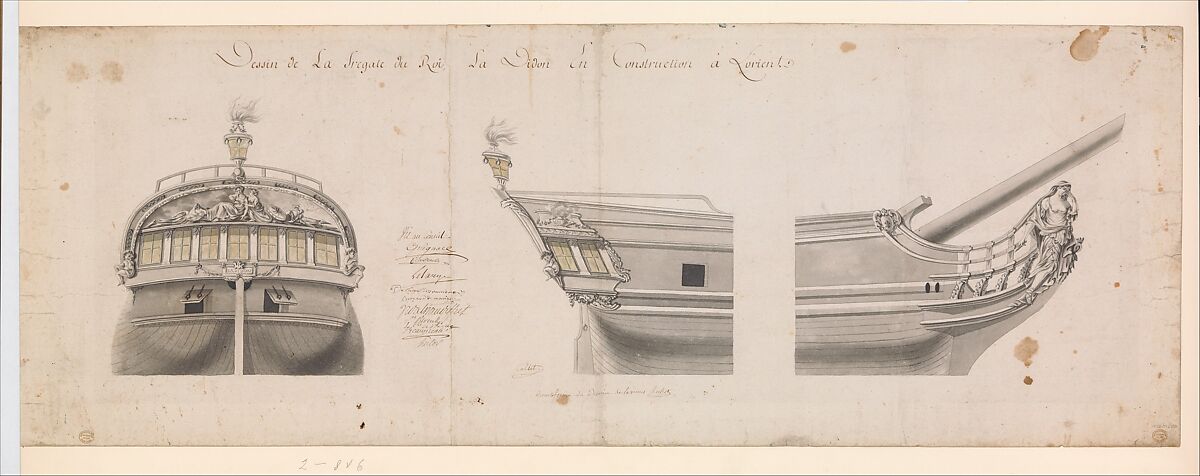 Design for the Frigate "La Didion", Anonymous, French, 18th century, Pen and black ink, brush and gray wash 