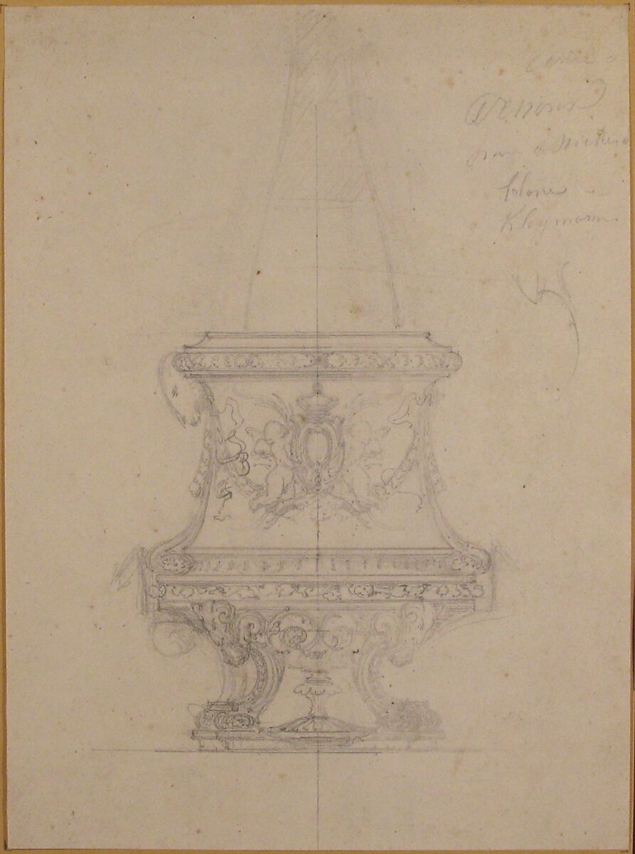 Design for a Vase with Rams' Heads in Renaissance Style, Anonymous, French, 19th century, Graphite; framing lines in pen and brown ink, brush and brown wash