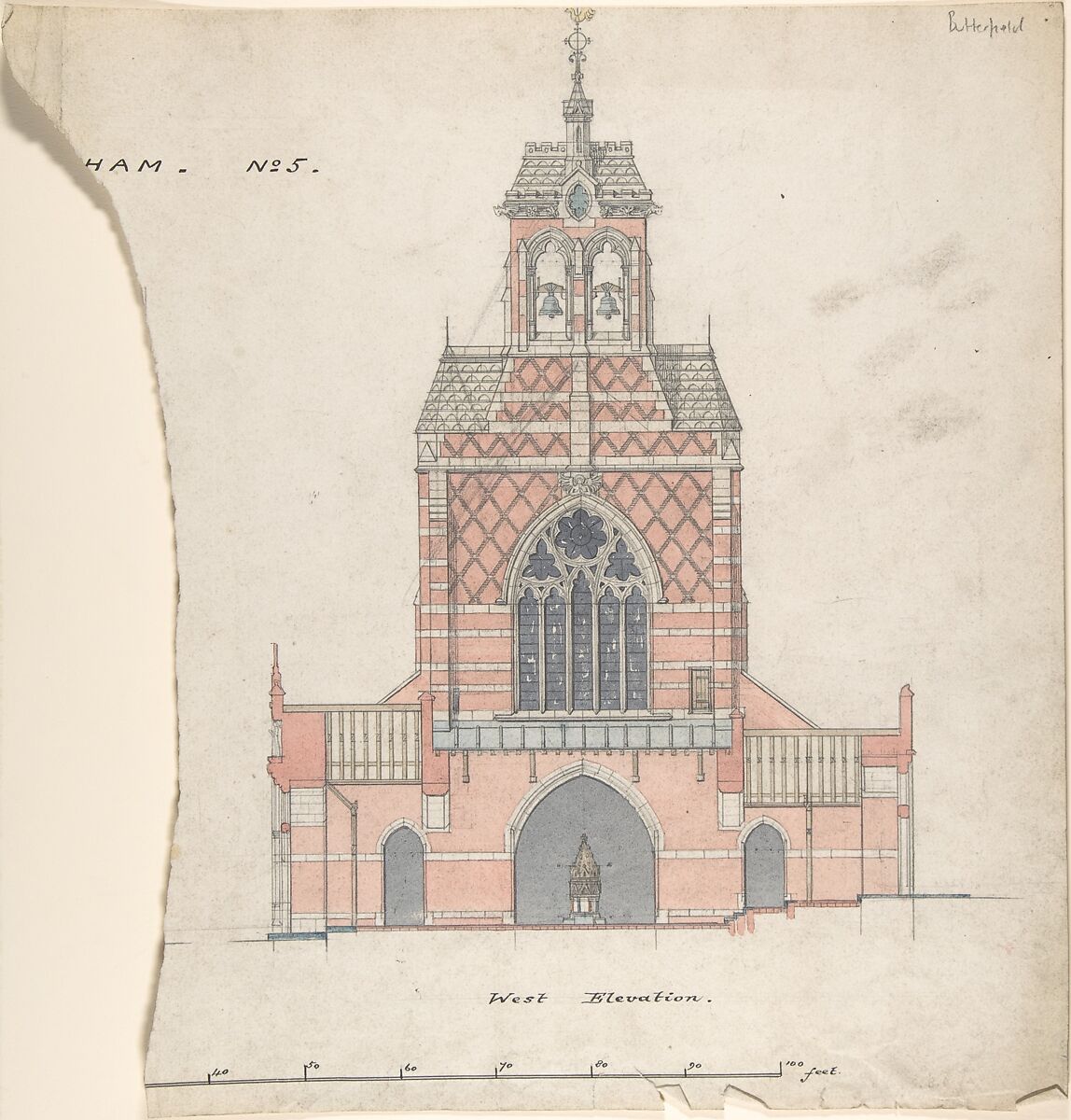 West Elevation of an Unidentified Church, William Butterfield (British, London 1814–1900 London), Watercolor, pen and black ink over graphite 