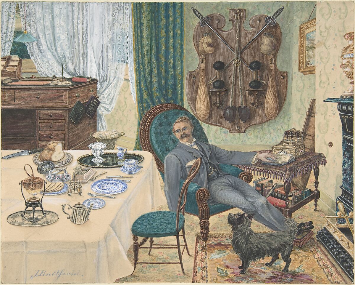 A Bachelor in His Study (The Sportsman's Breakfast), J. Buttfield (British, active late 19th century), Watercolor 