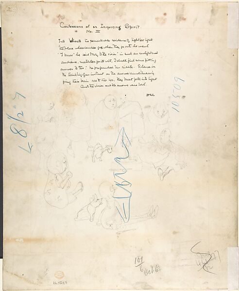 Confessions of an Inquiring Spirit, No. 3 (recto); Study for a scene with ten imaginary creatures (verso), Dion C. Calthrop (British, London 1875/78–1937), Recto: pen and black ink, watercolor, over graphite
Verso: graphite