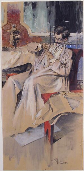 A Man Grooming His Nails, Anonymous, French, 20th century, Graphite, watercolor, gouache