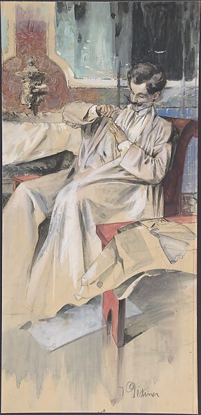 A Man Grooming His Nails, Anonymous, French, 20th century, Graphite, watercolor, gouache 