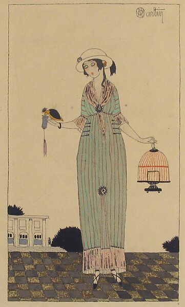 A Lady Feeding a Bird, Charles Martin (French, Montpellier 1884/88–1932/34 Paris), Pen and ink, watercolor, and lead white on laid paper.