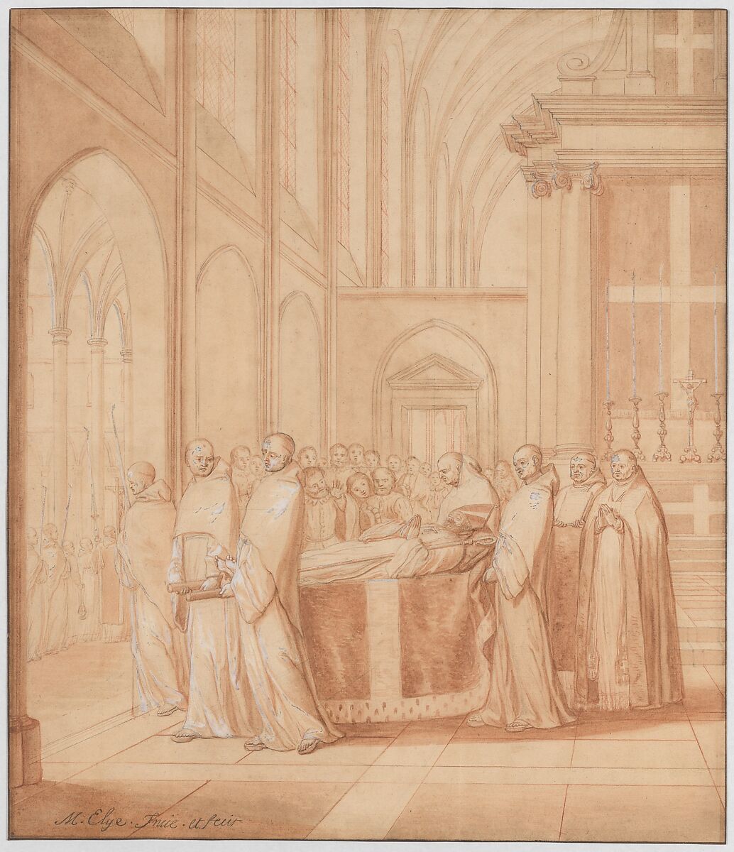 Feuillant monks carry the bier with the body of Jean de la Barrière, Matthieu Elias  French, Red chalk, pen and brown ink, brush and brown wash, heightened with white, over graphite