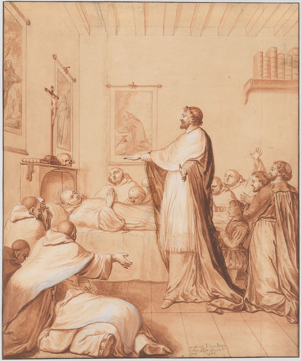 Scene 33: The Blessed Abbot, near death, receives the blessing of the pope, who sends for this purpose Cardinal d'Ossat, a close friend of the saint, whose teacher he had been; he dies in the odor of sanctity, 25 April 1600, Matthieu Elias (French, Peene 1658–1741 Dunkerque), Red chalk, pen and brown ink, brush and brown wash, heightened with white, over graphite 