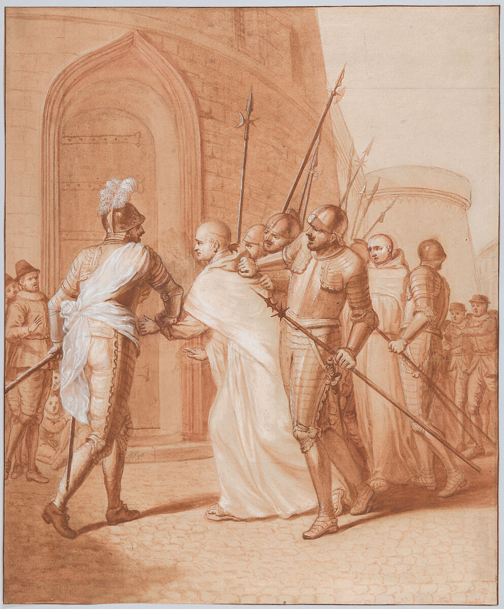 The arrest of Jean de La Barrière by the League at Lombez, Matthieu Elias  French, Red chalk, pen and brown ink, brush and brown wash, heightened with white, over graphite