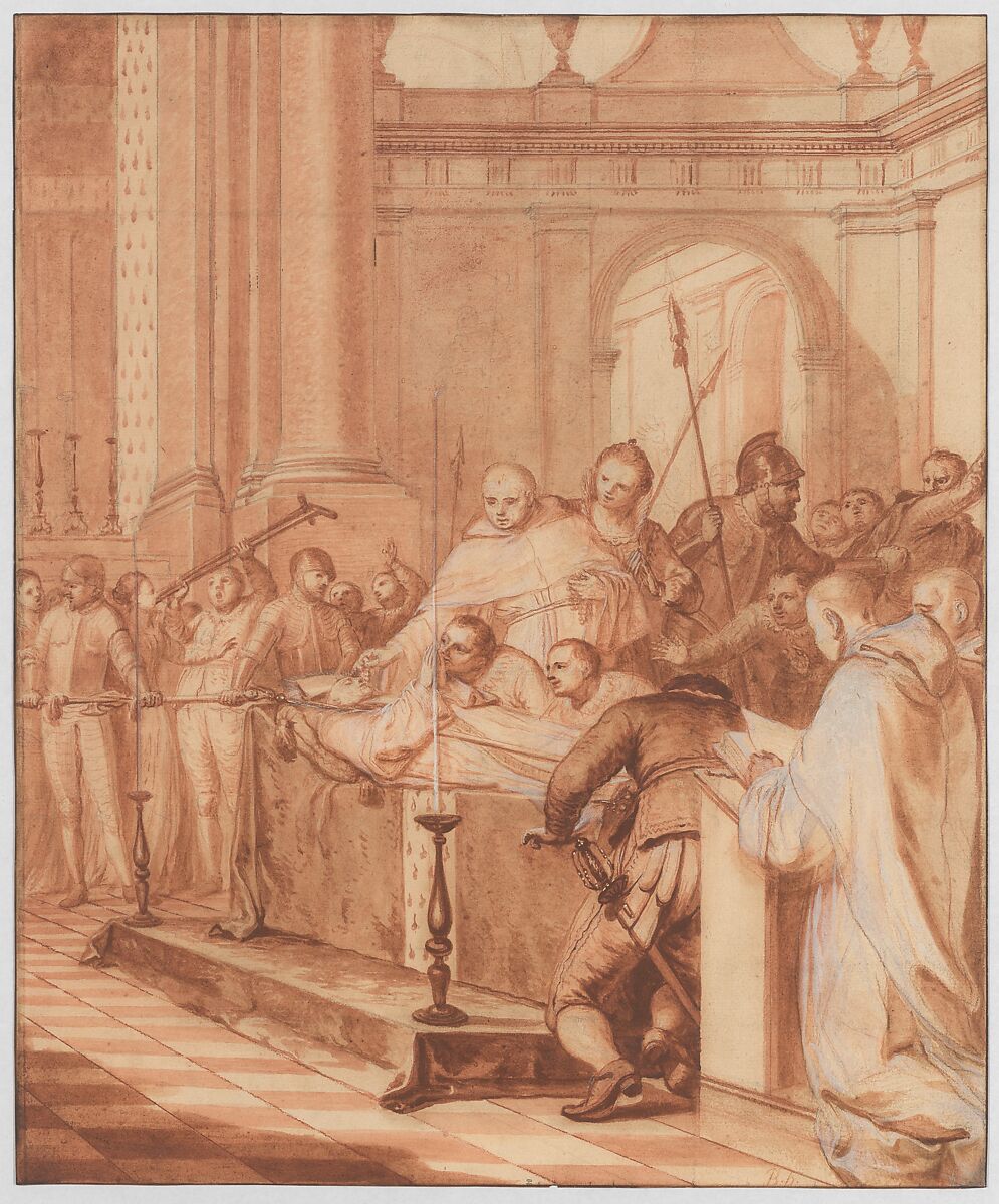 Scene 34: To satisfy the devotion of the people, they are forced to leave the Blessed Abbot's body on display for three days; many miracles are performed, Matthieu Elias (French, Peene 1658–1741 Dunkerque), Red chalk, pen and brown ink, brush and brown wash, heightened with white, over graphite 