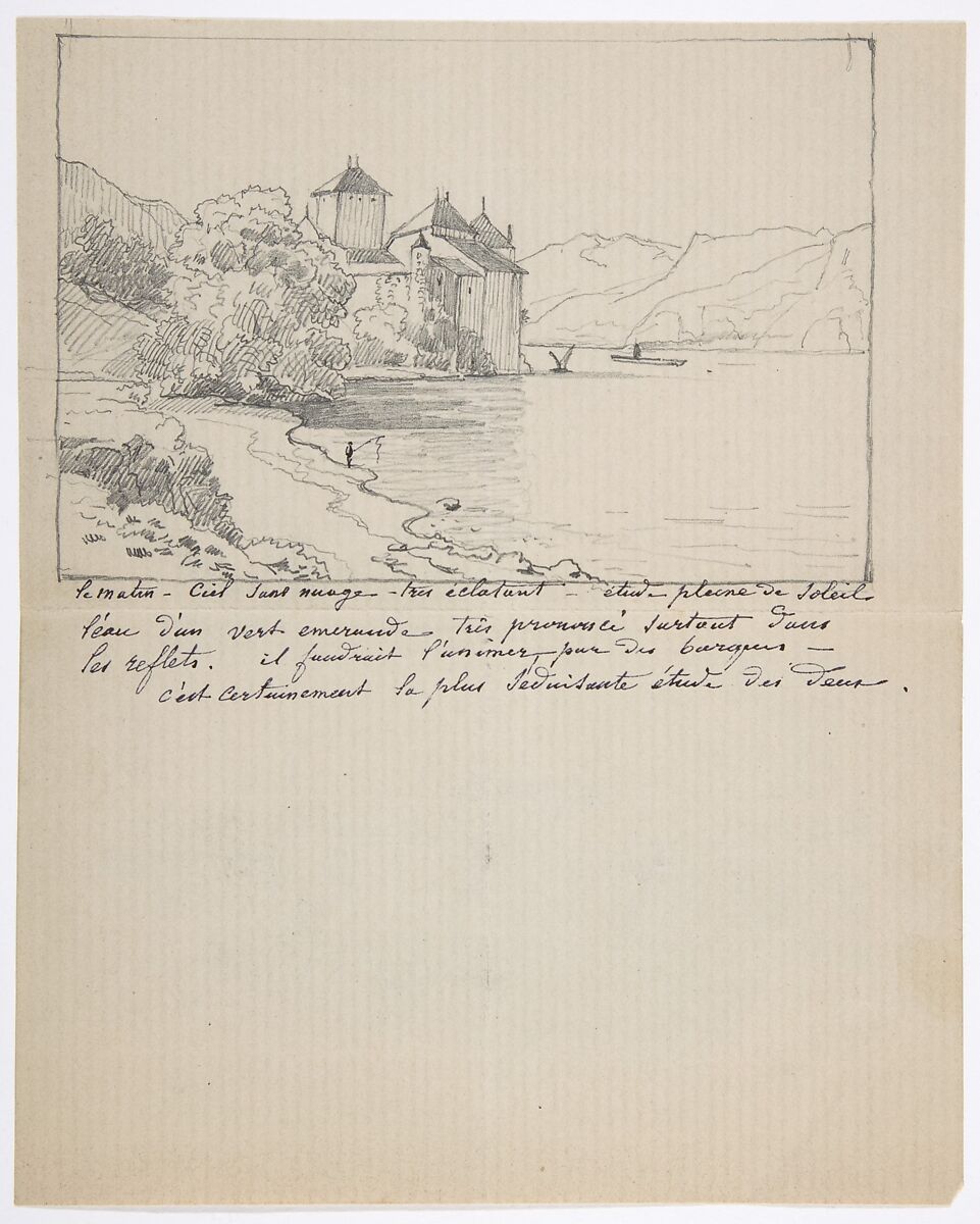 View of the Château de Chillon on Lake Geneva, Anonymous, French, 19th century, Graphite 