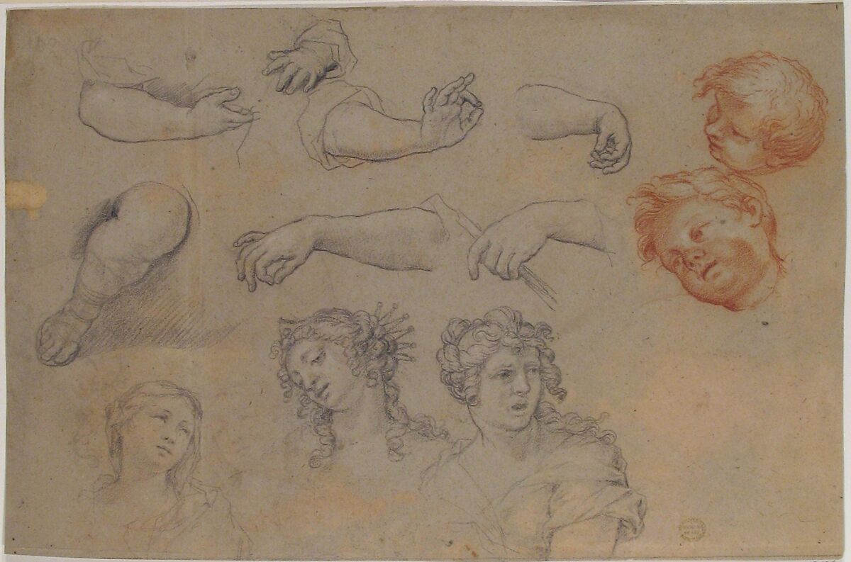 Studies of Heads and Hands, Anonymous, French, 17th century, Black and red chalk