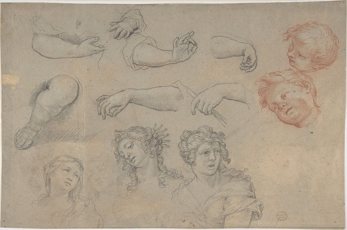 Studies of Heads and Hands, Anonymous, French, 17th century, Black and red chalk 