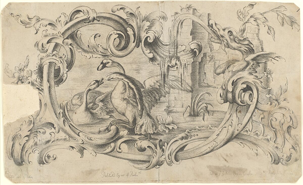 Design for a Tablet for a Chimney-Piece with Two Swans in Combat, Enclosed within a Scrolling Cartouche with a Water-Spouting Dragon's Head