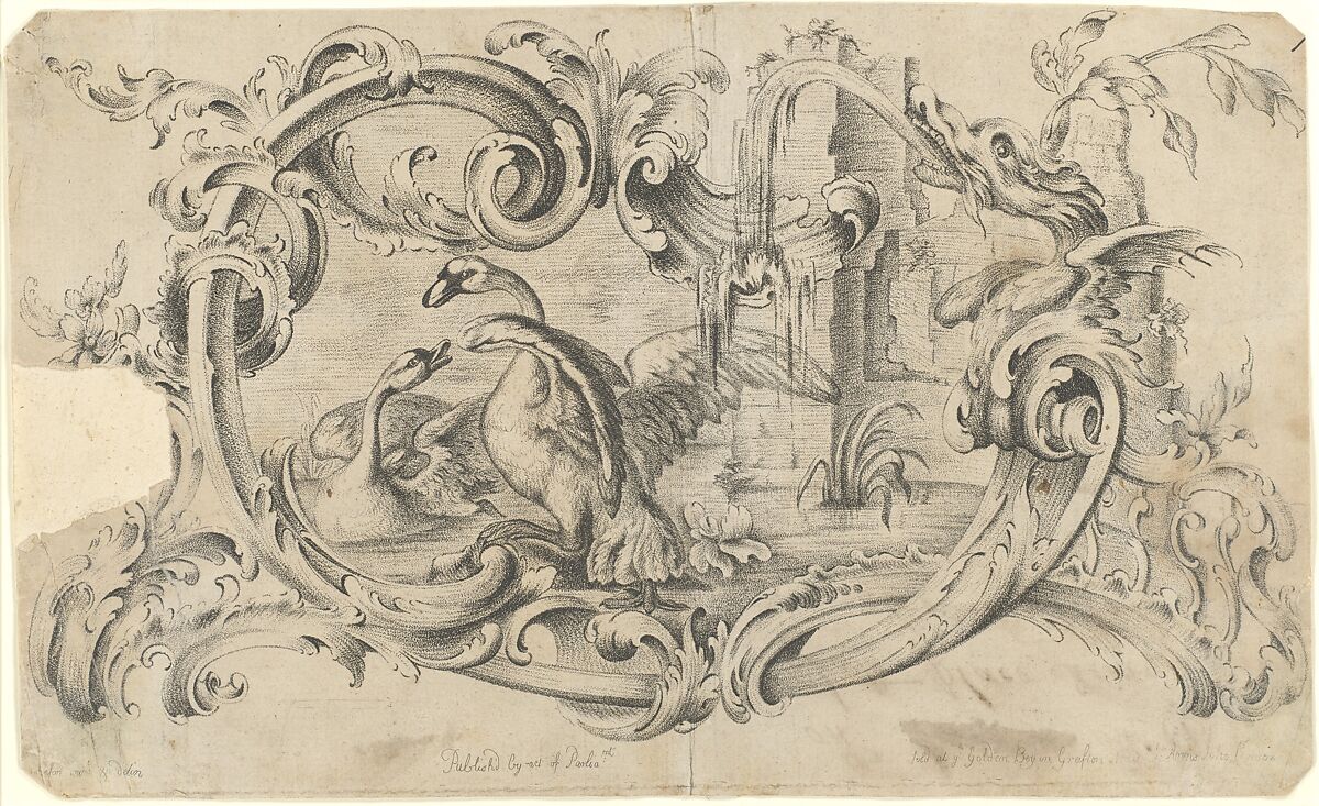 Design for a Tablet for a Chimney-Piece with Two Swans in Combat, Enclosed within a Scrolling Cartouche with a Water-Spouting Dragon's Head, Thomas Johnson (British, 1714–1778), Crayon manner and stipple engraving 