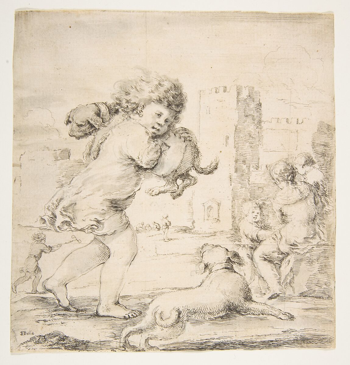 Child Carrying a Puppy on his Shoulder, Stefano della Bella (Italian, Florence 1610–1664 Florence), Etching retouched with gray wash; artist's proof 