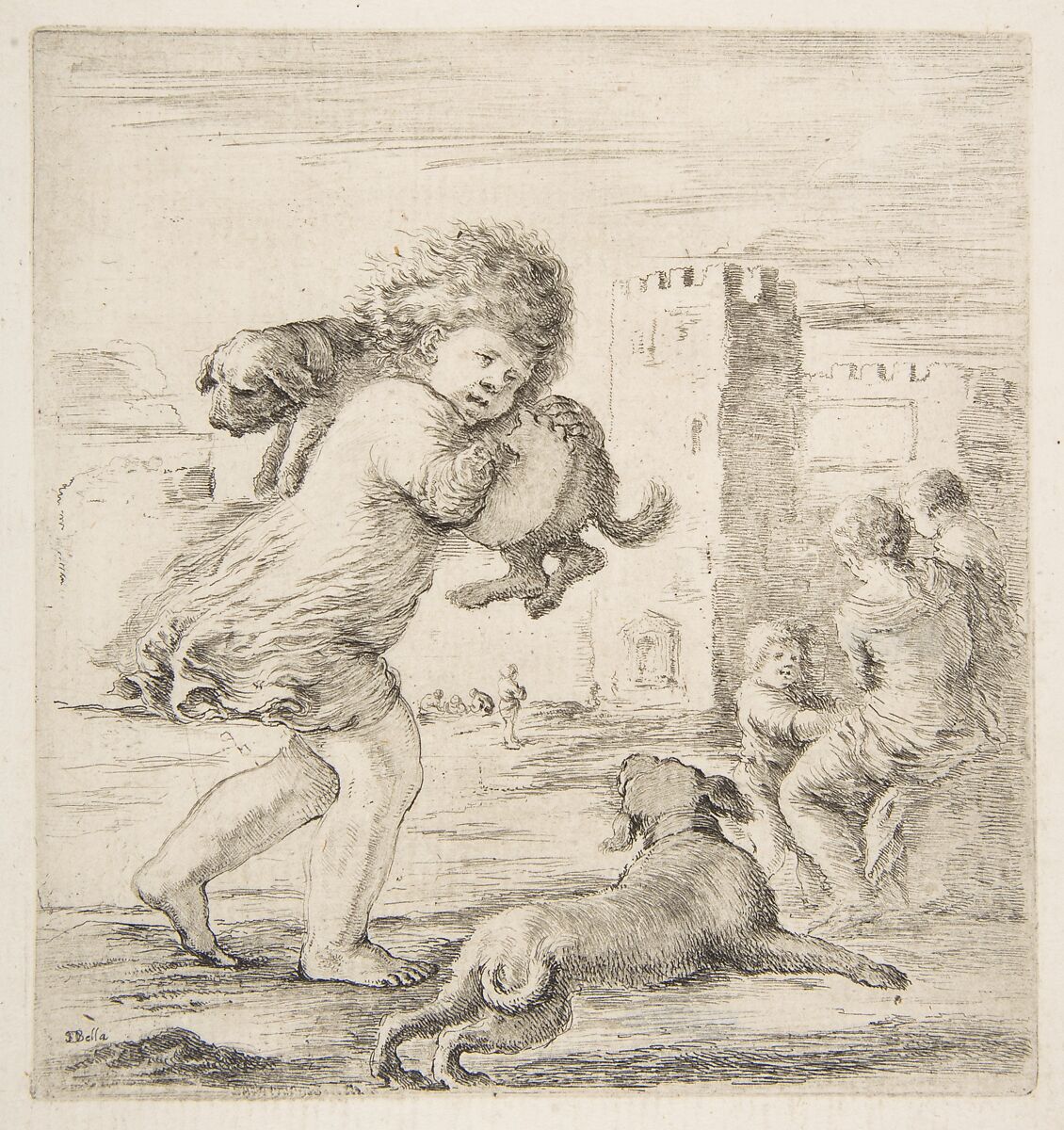 Child Carrying a Puppy on his Shoulder, Stefano della Bella (Italian, Florence 1610–1664 Florence), Etching; first state, with printed tone 