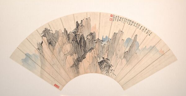 Strange Pine in the Yellow Mountain, Zhang Shanzi (1882–1940), Folding fan mounted as an album leaf; ink and color on alum paper, China 