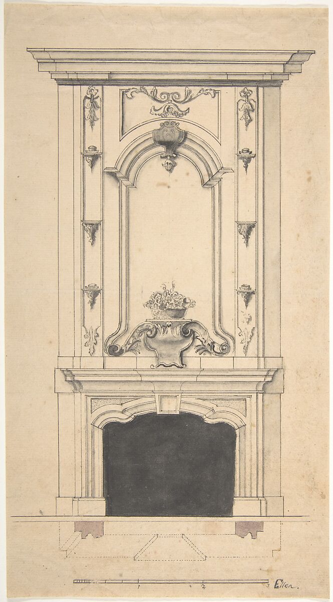Design for a Chimney Piece, Anonymous, British, 18th century, Pen and black ink, brush and black, gray, and brown wash 