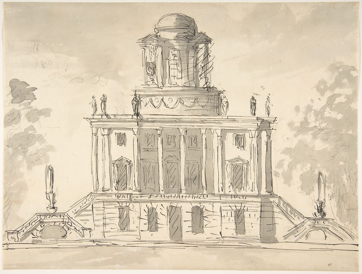 Design for a Mausoleum, Sir William Chambers (British (born Sweden), Göteborg 1723–1796 London), Pen and brown ink, brush and gray wash, graphite 