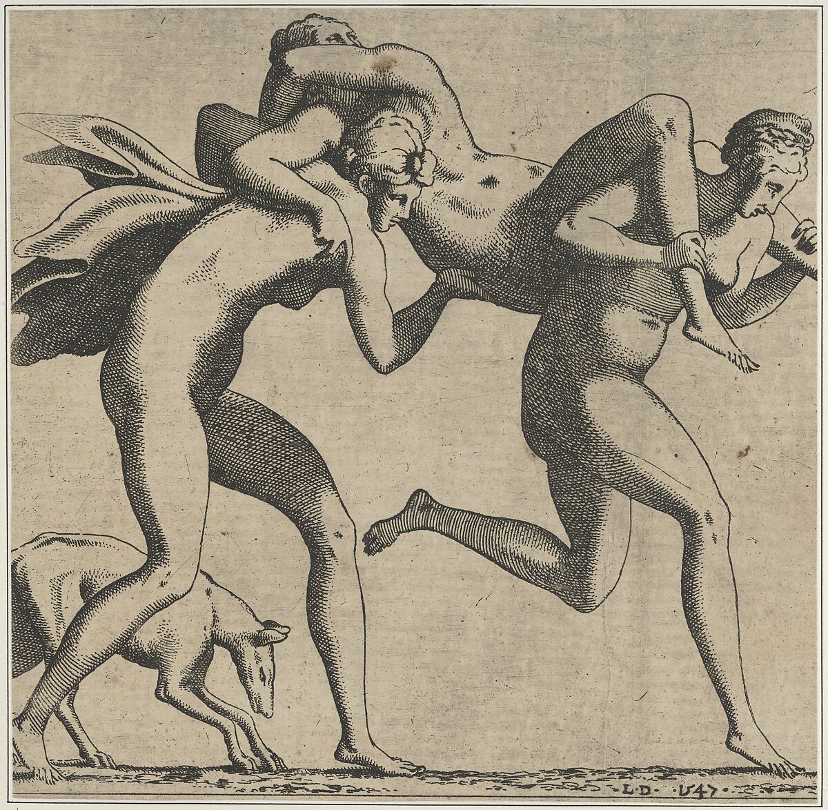 Woman Being Carried to a Libidinous Satyr, Léon Davent (French, active 1540–56), Etching (right side of sheet trimmed) 