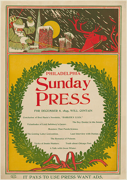 Philadelphia Sunday Press, December 8th, Anonymous, American, 19th century, Relief 