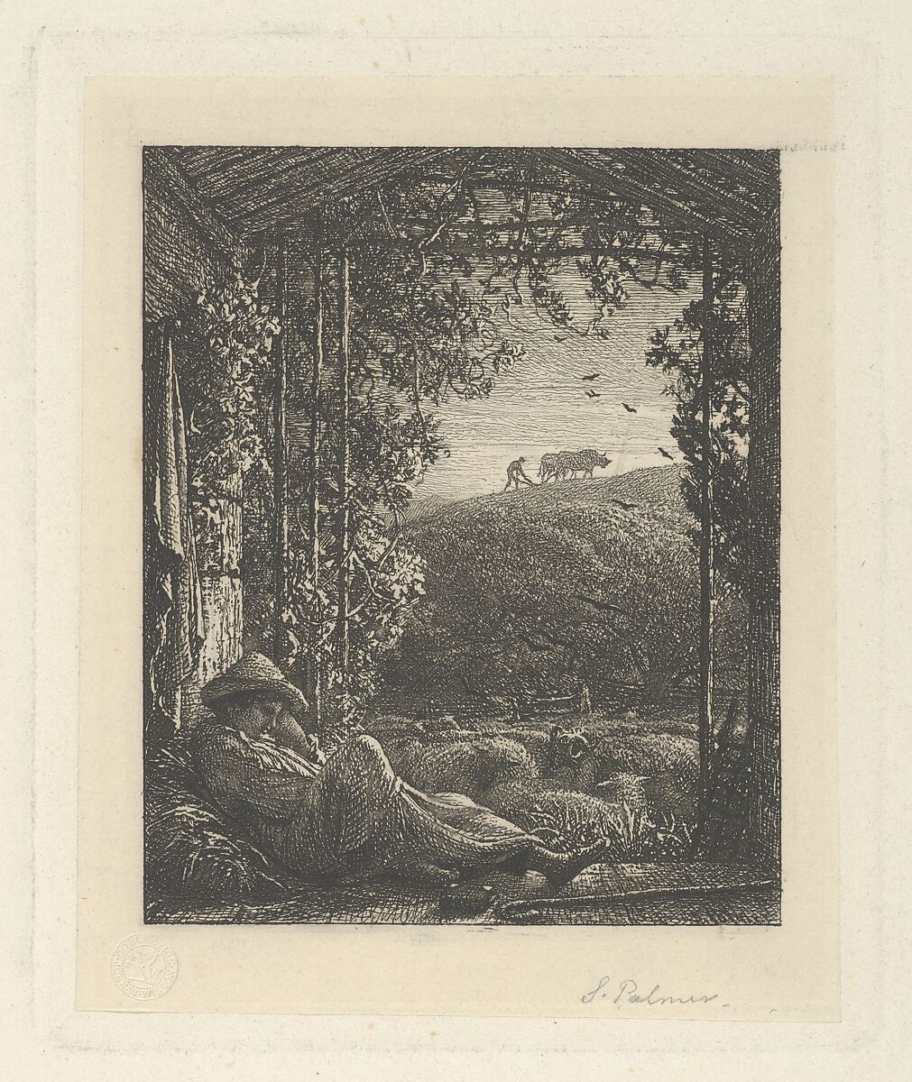 The Sleeping Shepherd; Early Morning, Samuel Palmer (British, London 1805–1881 Redhill, Surrey), Etching on chine collé; third state of four 