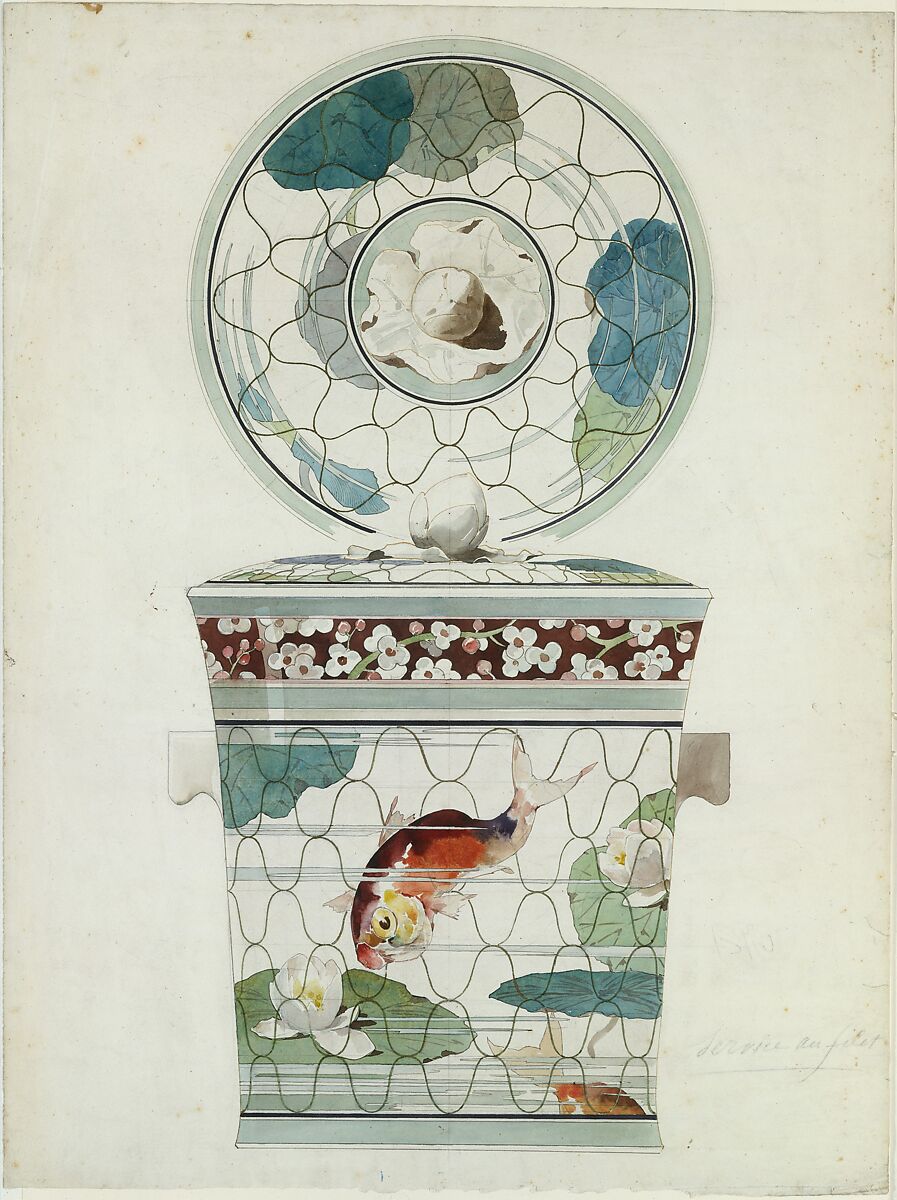 Design for a Covered Dish in the "Service au Filet" (Fish Net Ware), Maison J. Vieillard et Cie, Bordeaux, Attributed to Amédée de Caranza (French, born Istanbul, 1834–1914), Graphite, pen and black and brown ink, watercolor, gold paint 