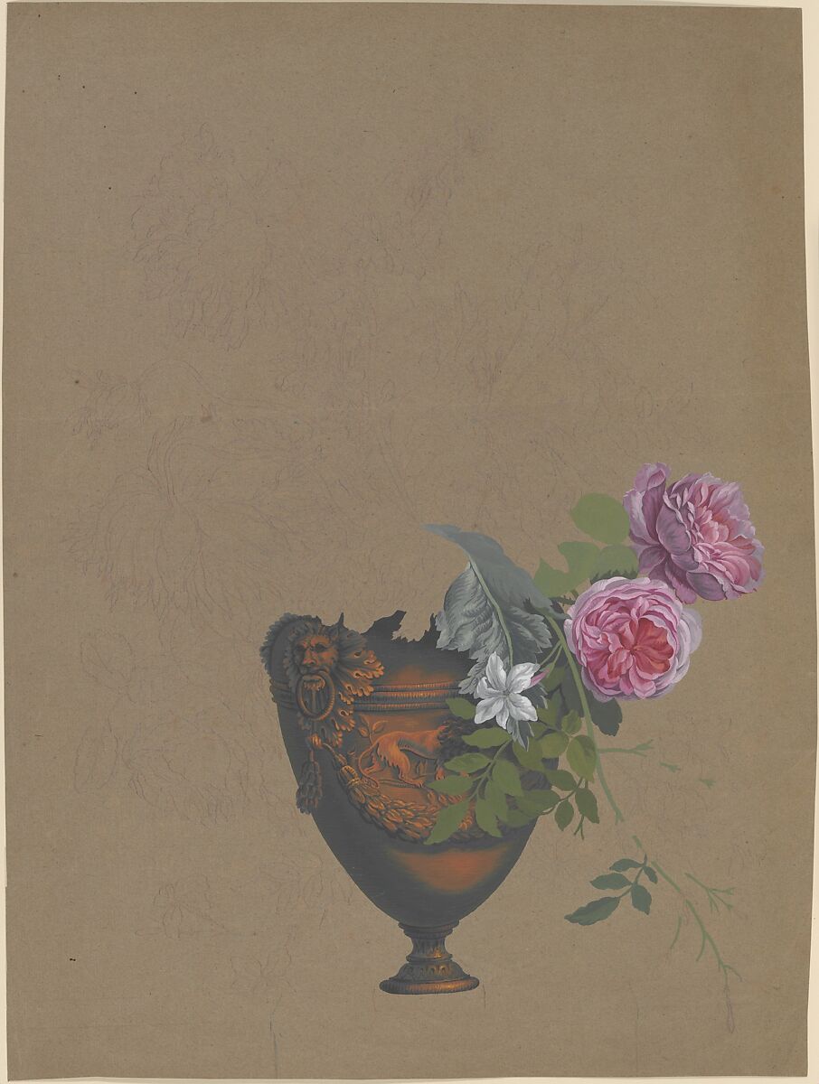 Vase of Flowers, Anonymous, French, 19th century, Graphite and gouache on brown paper 